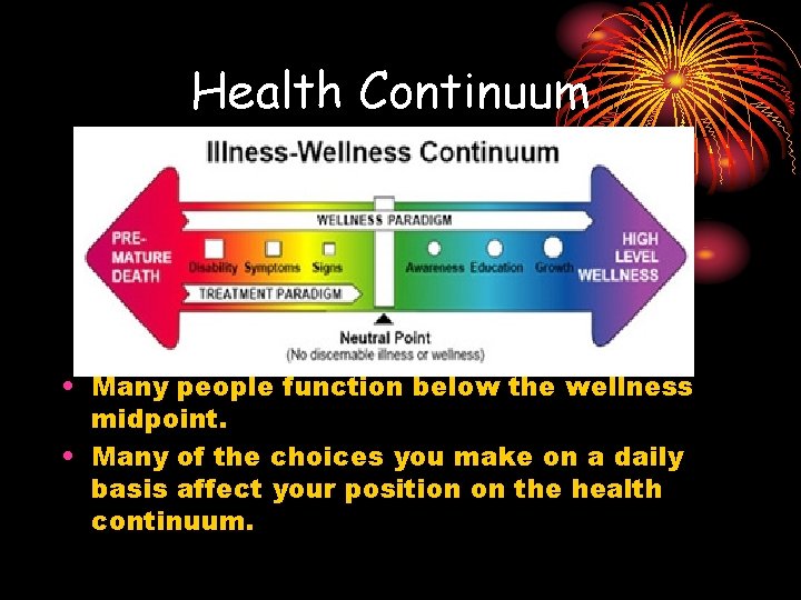 Health Continuum • Many people function below the wellness midpoint. • Many of the Health Continuum • Many people function below the wellness midpoint. • Many of the