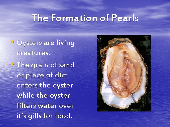 The Formation of Pearls • Oysters are living creatures. • The grain of sand