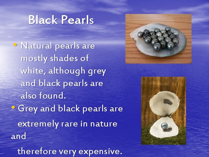 Black Pearls • Natural pearls are mostly shades of white, although grey and black