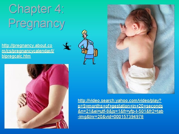 Chapter 4: Pregnancy http: //pregnancy. about. co m/cs/pregnancycalendar/l/ blpregcalc. htm http: //video. search. yahoo.