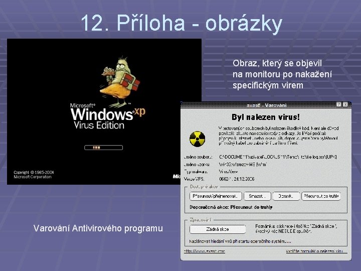 12. Příloha - obrázky Obraz, který se objevil na monitoru po nakažení specifickým virem