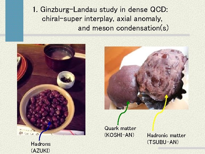 1. Ginzburg-Landau study in dense QCD: chiral-super interplay, axial anomaly, and meson condensation(s) Quark 1. Ginzburg-Landau study in dense QCD: chiral-super interplay, axial anomaly, and meson condensation(s) Quark