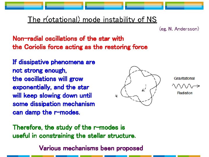 The r(otational) mode instability of NS (eg. N. Andersson) Non-radial oscillations of the star The r(otational) mode instability of NS (eg. N. Andersson) Non-radial oscillations of the star