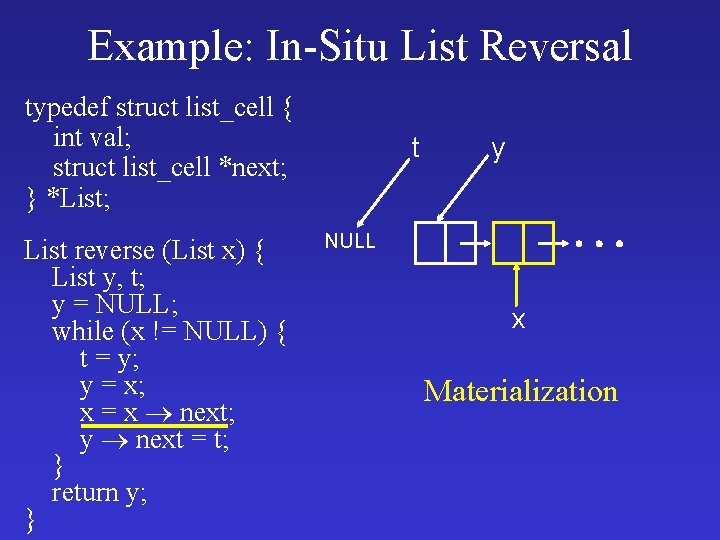 Example: In-Situ List Reversal typedef struct list_cell { int val; struct list_cell *next; }