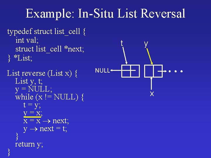 Example: In-Situ List Reversal typedef struct list_cell { int val; struct list_cell *next; }