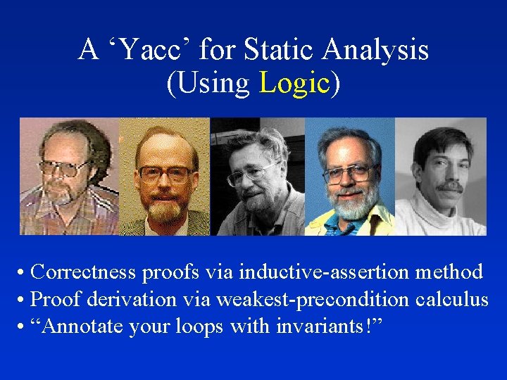 A ‘Yacc’ for Static Analysis (Using Logic) • Correctness proofs via inductive-assertion method •