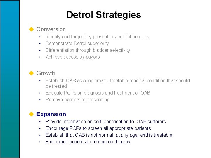 Detrol Strategies u Conversion • • Identify and target key prescribers and influencers Demonstrate