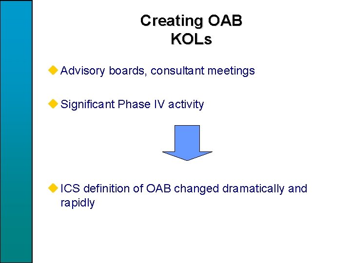 Creating OAB KOLs u Advisory boards, consultant meetings u Significant Phase IV activity u