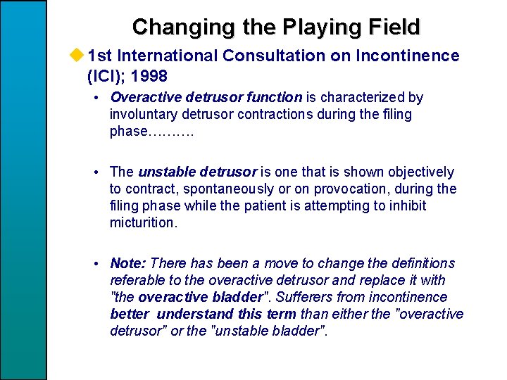 Changing the Playing Field u 1 st International Consultation on Incontinence (ICI); 1998 •