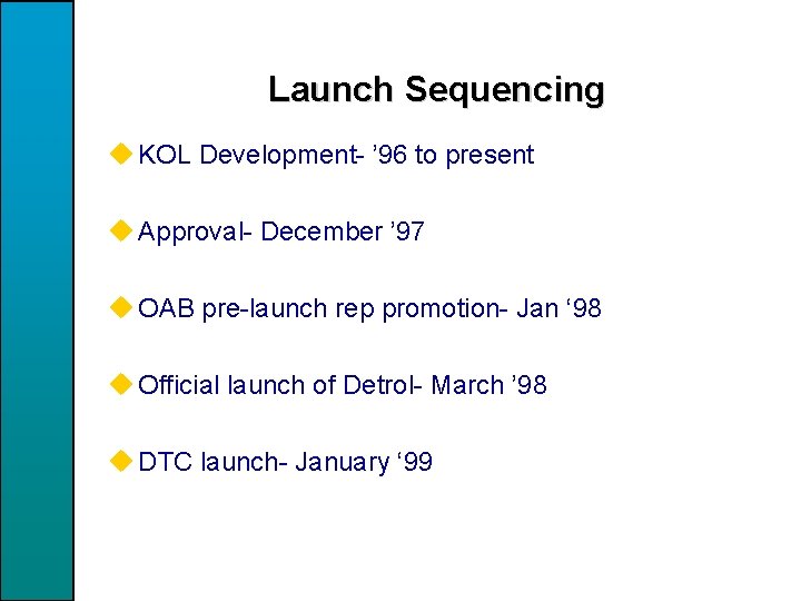 Launch Sequencing u KOL Development- ’ 96 to present u Approval- December ’ 97