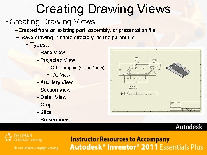 Creating Drawing Views • Creating Drawing Views – Created from an existing part, assembly,