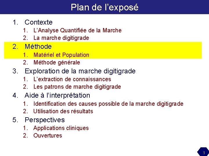 Plan de l’exposé 1. Contexte 1. L’Analyse Quantifiée de la Marche 2. La marche