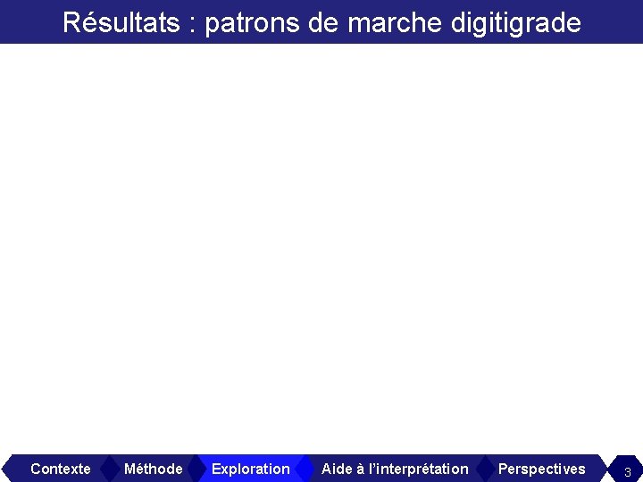 Résultats : patrons de marche digitigrade Contexte Méthode Exploration Aide à l’interprétation Perspectives 3