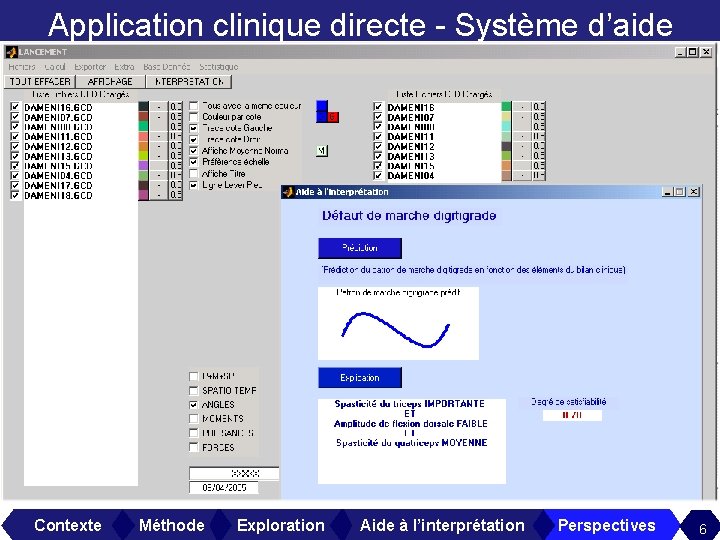 Application clinique directe - Système d’aide Contexte Méthode Exploration Aide à l’interprétation Perspectives 6