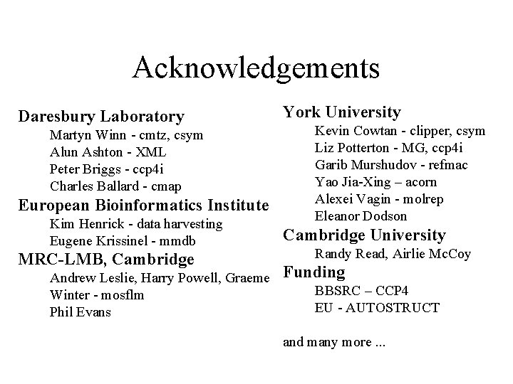 Acknowledgements Daresbury Laboratory Martyn Winn - cmtz, csym Alun Ashton - XML Peter Briggs Acknowledgements Daresbury Laboratory Martyn Winn - cmtz, csym Alun Ashton - XML Peter Briggs