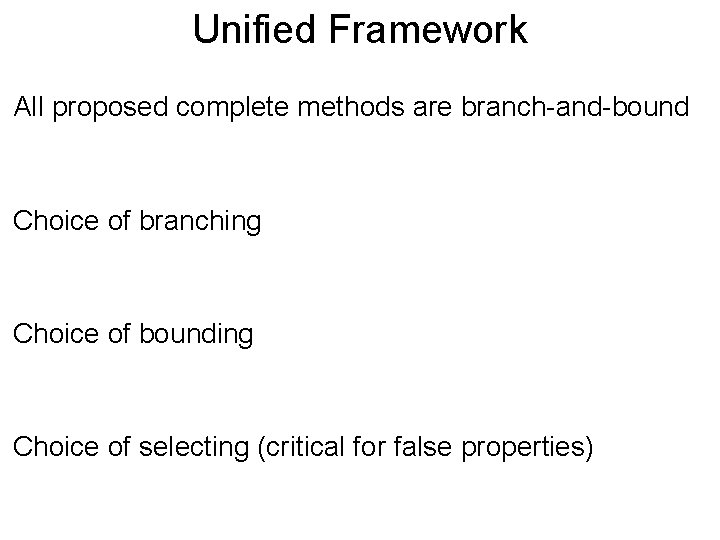 Unified. Post Framework All proposed complete methods are branch-and-bound Choice of branching Choice of