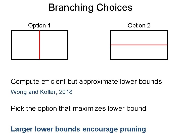 Branching Post. Choices Option 1 Option 2 Compute efficient but approximate lower bounds Wong