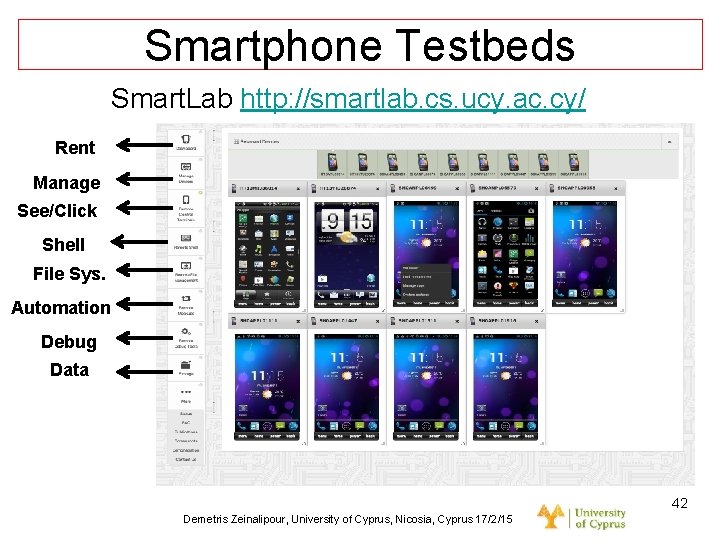 Dagstuhl Seminar 10042, Demetris Zeinalipour, University of Cyprus, 26/1/2010 Smartphone Testbeds Smart. Lab http: