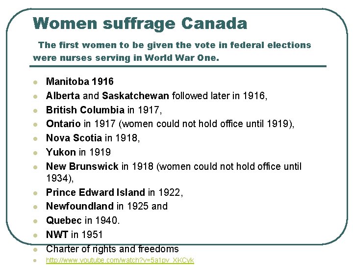 Women suffrage Canada The first women to be given the vote in federal elections