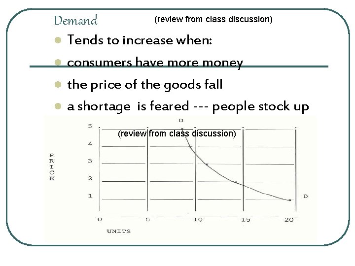 Demand l l (review from class discussion) Tends to increase when: consumers have more