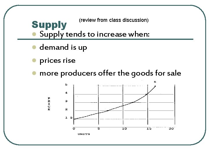 Supply l l (review from class discussion) Supply tends to increase when: demand is