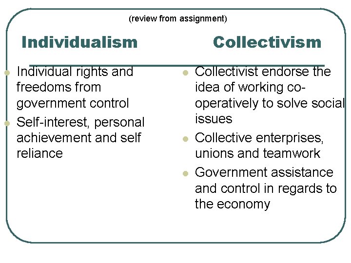 (review from assignment) Individualism l l Individual rights and freedoms from government control Self-interest,