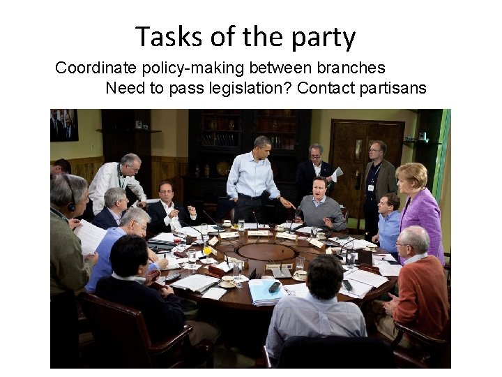 Tasks of the party Coordinate policy-making between branches Need to pass legislation? Contact partisans