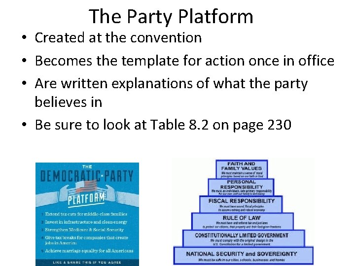 The Party Platform • Created at the convention • Becomes the template for action