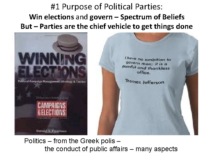 #1 Purpose of Political Parties: Win elections and govern – Spectrum of Beliefs But