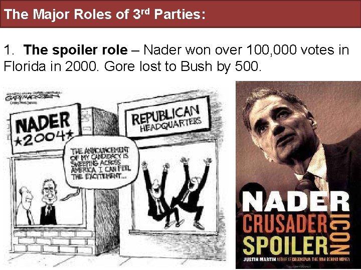 The Major Roles of 3 rd Parties: 1. The spoiler role – Nader won