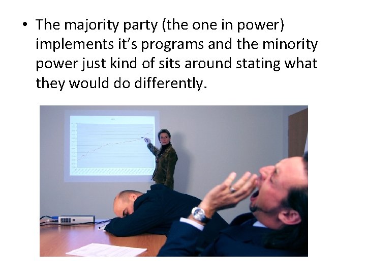 • The majority party (the one in power) implements it’s programs and the