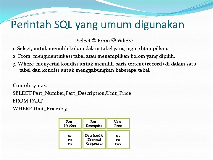 Perintah SQL yang umum digunakan Select From Where 1. Select, untuk memilih kolom dalam