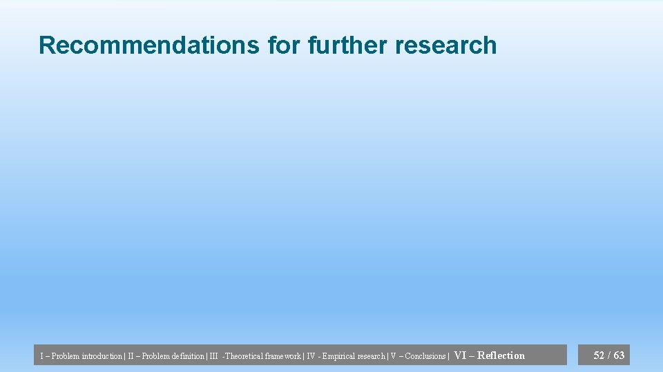 Recommendations for further research I – Problem introduction | II – Problem definition |