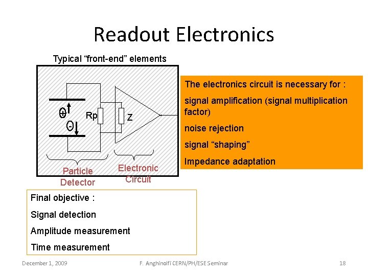 Readout Electronics Typical “front-end” elements The electronics circuit is necessary for : + Rp