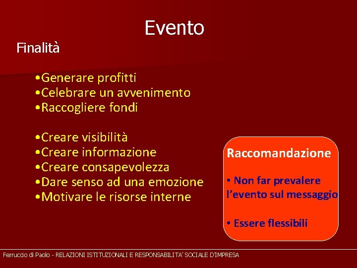 Evento Finalità • Generare profitti • Celebrare un avvenimento • Raccogliere fondi • Creare