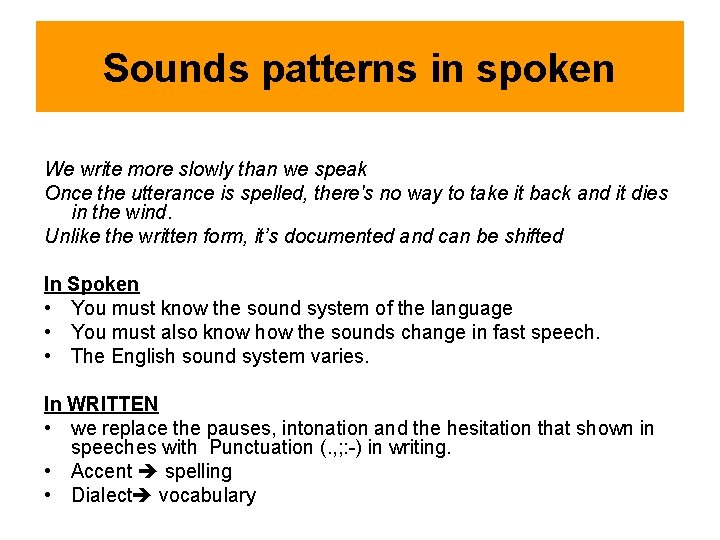 Sounds patterns in spoken We write more slowly than we speak Once the utterance