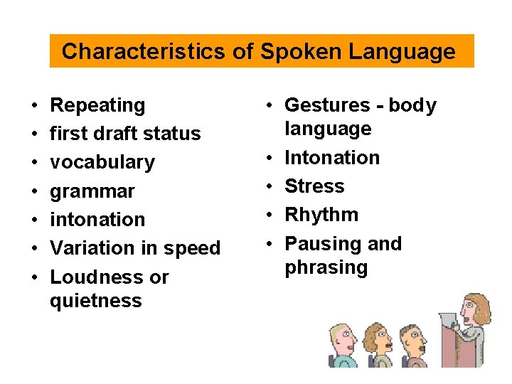  Characteristics of Spoken Language • • Repeating first draft status vocabulary grammar intonation