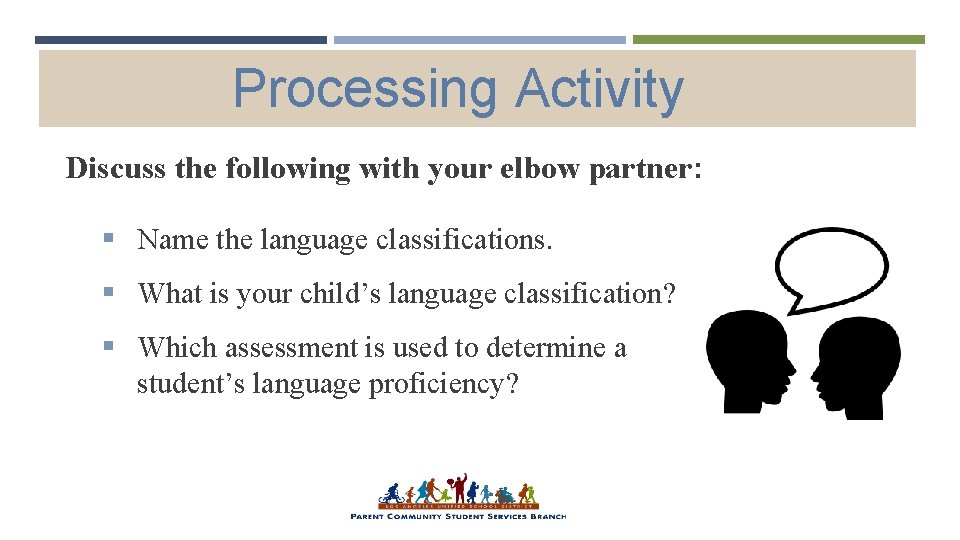 Processing Activity Discuss the following with your elbow partner: § Name the language classifications.