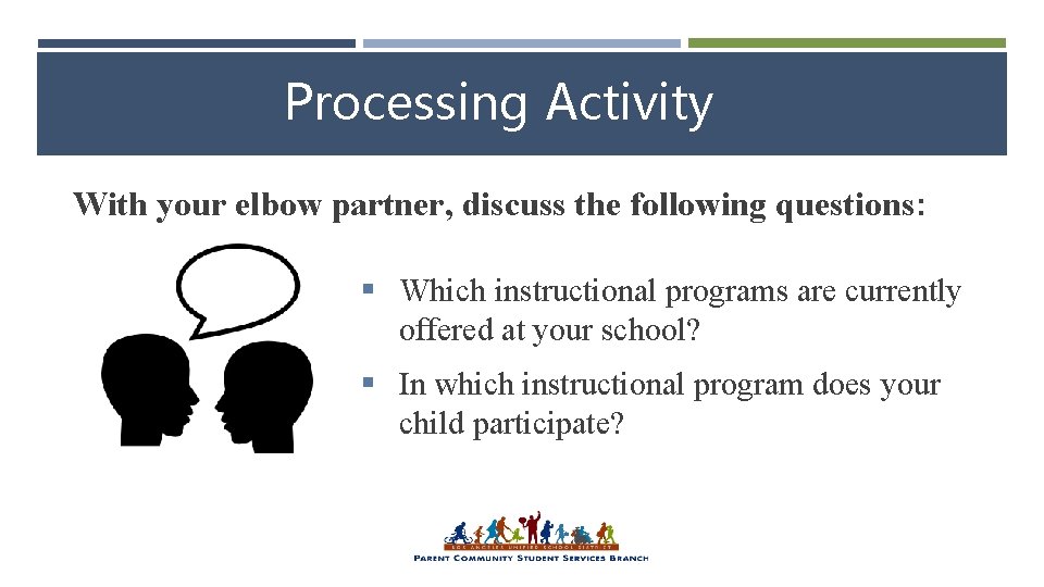 Processing Activity With your elbow partner, discuss the following questions: § Which instructional programs