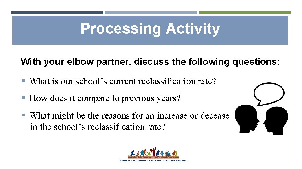 Processing Activity With your elbow partner, discuss the following questions: § What is our