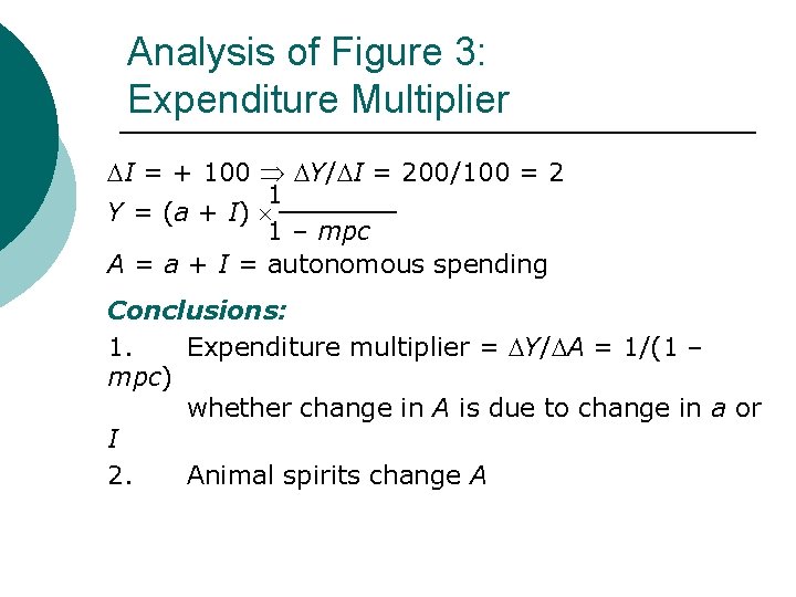 Analysis of Figure 3: Expenditure Multiplier I = + 100 Y/ I = 200/100