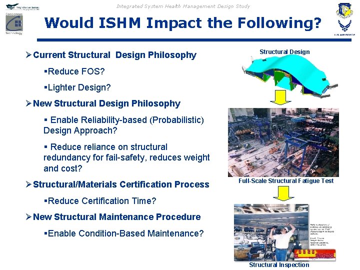 Integrated System Health Management Design Study Would ISHM Impact the Following? ØCurrent Structural Design