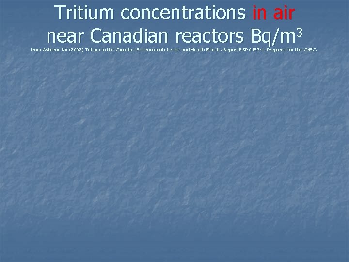 Tritium concentrations in air near Canadian reactors Bq/m 3 from Osborne RV (2002) Tritium