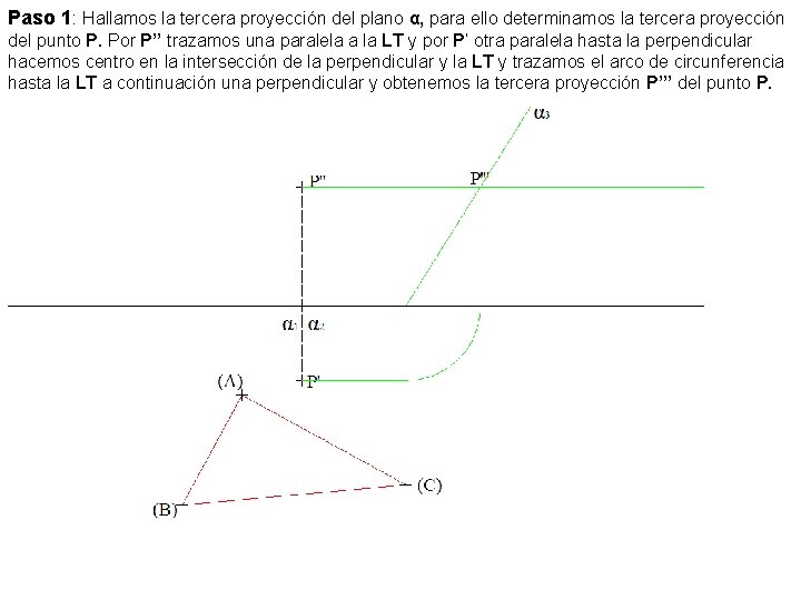 Paso 1: Hallamos la tercera proyección del plano α, para ello determinamos la tercera
