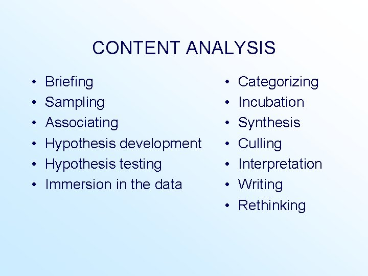 CONTENT ANALYSIS • • • Briefing Sampling Associating Hypothesis development Hypothesis testing Immersion in CONTENT ANALYSIS • • • Briefing Sampling Associating Hypothesis development Hypothesis testing Immersion in