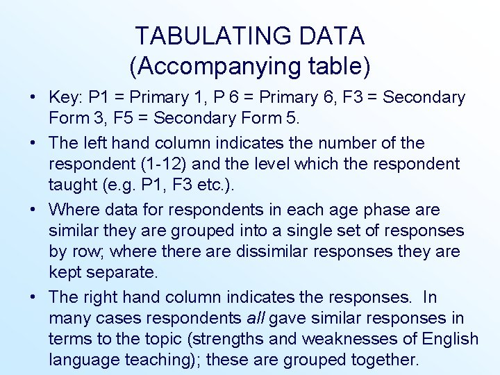 TABULATING DATA (Accompanying table) • Key: P 1 = Primary 1, P 6 = TABULATING DATA (Accompanying table) • Key: P 1 = Primary 1, P 6 =