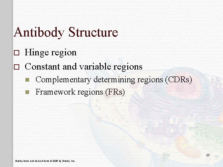 Antibody Structure o o Hinge region Constant and variable regions n n Complementary determining