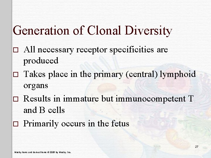 Generation of Clonal Diversity o o All necessary receptor specificities are produced Takes place