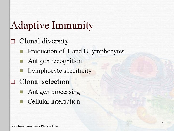 Adaptive Immunity o Clonal diversity n n n o Production of T and B