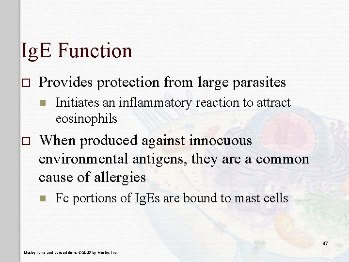 Ig. E Function o Provides protection from large parasites n o Initiates an inflammatory